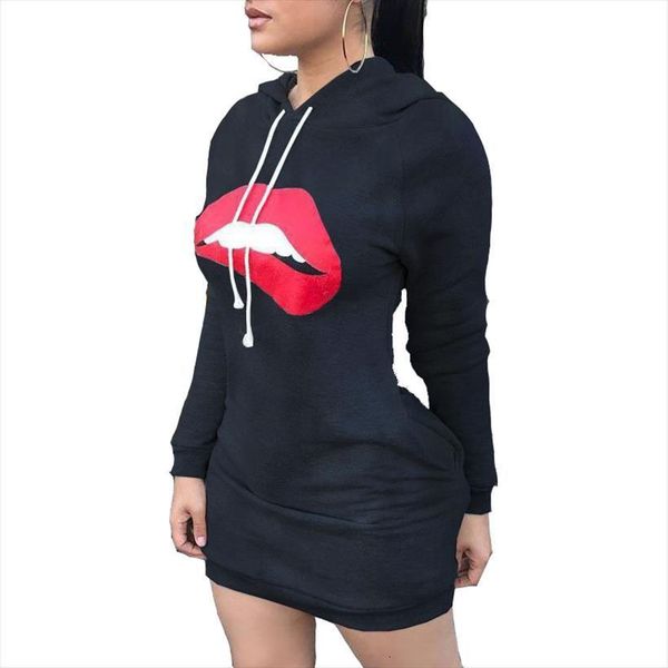 

spring fashion mouth print women dresses casual sweatshirt hooded mini hoodies long sleeve ladies, Black;gray