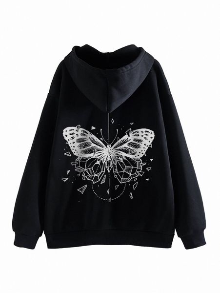 

butterfly print drawstring thermal lined hoodie a0hx#, White;black