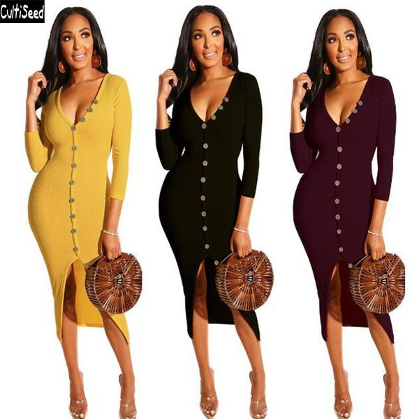 

casual dresses cultiseed women fashion deep v neck slash off the shoulder dress female single breasted knitted slim hip split party, Black;gray