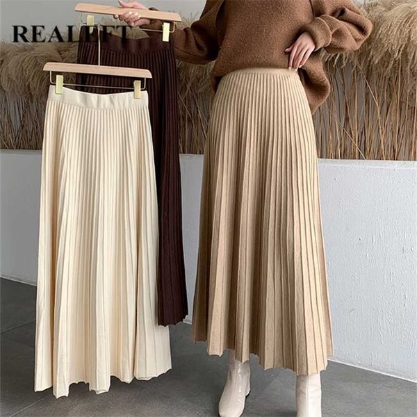 

realeft thicken women's knitted a-line skirt elegant autumn winter solid color high waist warm long skirts female 211124, Black