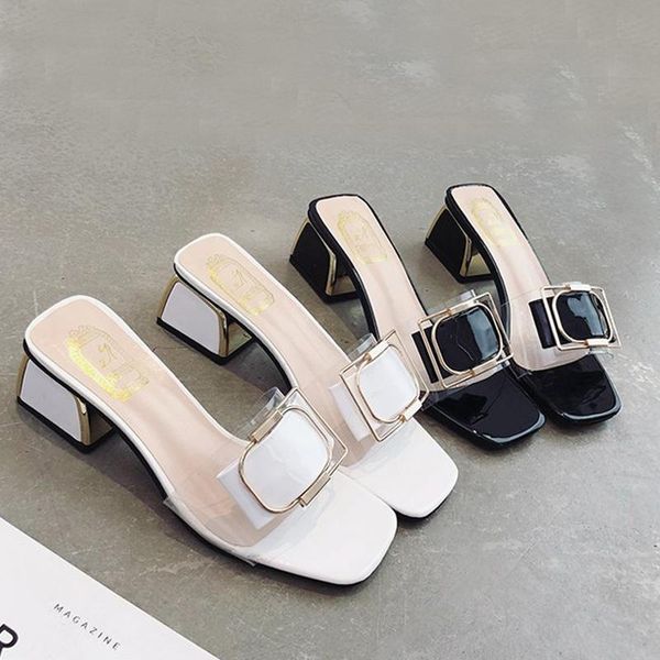 

beach holiday thick heel transparent sandals women's net red fairy wind cool slipper wear medium shoes slippers, Black