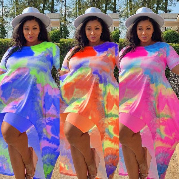 

women's tracksuits tie-dye printing fashion loose outfits plus size 2021 summer casual o-neck asymmetrical t-shirts skiny shorts two pi, Gray
