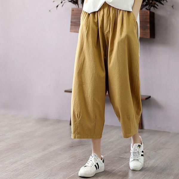 

women's pants & capris cotton seven-legged trousers spring and summer retro high-waisted loose-fitting large-size casual wear, Black;white