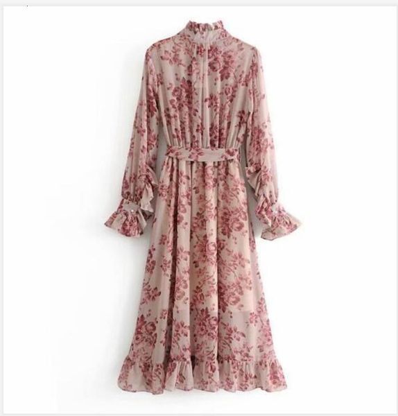 

a line spring pink flower print long sleeve with sashes women vintage tide bow collar ruffles hem es femme vestido, Black;gray