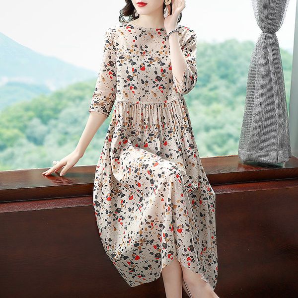 

party dresses spring summer women o-neck print stitching casual female loose mid-sleeved elegant dress fashion y30 1a22, White;black