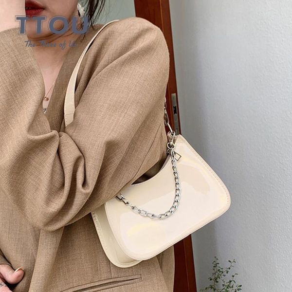 

evening bags vintage trendy fashion ladies underarm shoulder bag solid color lacquer pu leather handbag women brand simple female chain purs