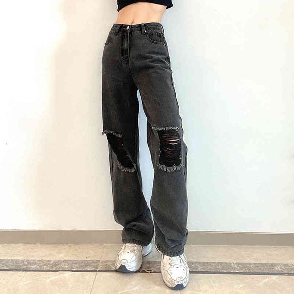 

women's jeans korean style hole ripped women spring autumn casual wide leg high waist pants female streetwear loose trousers 75tt, Blue