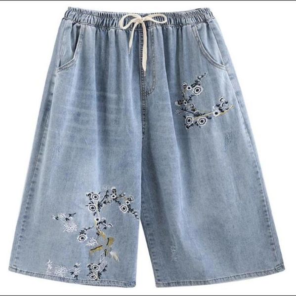 

women's jeans denim calf-length wide leg pants ladies embroidered casual loose woman distressed, Blue