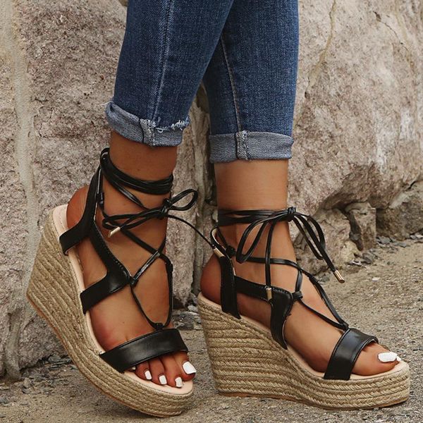 

women shoes platform sandals multi-strap crisscross high wedges heel ankle buckles sandalia female shoes#g3, Black