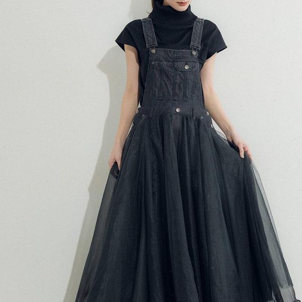 

chic womens dresses black denim mesh women dress summer school maxi high waist robe japan style expansion femme vestiods, Black;gray