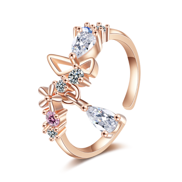

cluster rings qiamni fashion creative butterfly flowers crystal finger ring for women water drop zirconia tassel delicate micro paved, Golden;silver