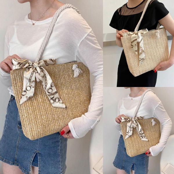 

evening bags spring summer fashion straw woven underarm shoulder for women casual silk scarf ladies large capacity shopping handbags