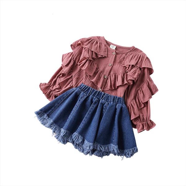 

spring 4 9y fashion infant kids girls clothes sets ruffles solid long sleeve denim skirts 2pc clothing set, White