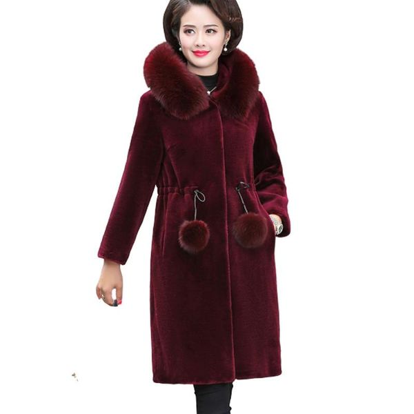 

women's wool & blends winter faux coat coats warm hooded fur collar lmitation water velvet long slim female jacket, Black