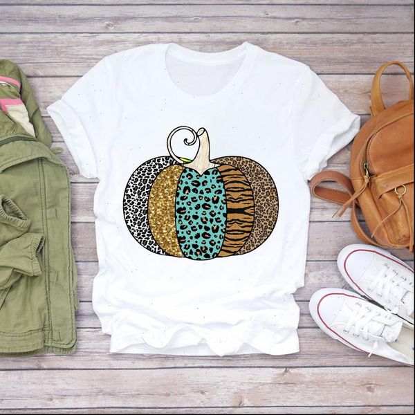 

pumpkin leopard season fall thanksgiving womens t shirts halloween print graphic tee, White