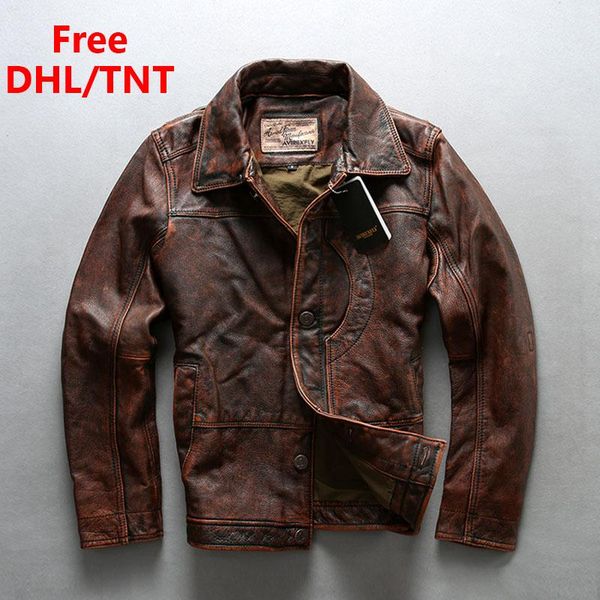 

men's leather & faux vintage cowhide jacket motorcycle genuine single breasted brown jackets casual male fast ship dhl/tnt, Black