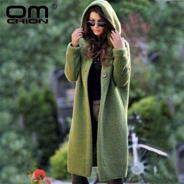 Omchion xxxl outono inverno encapuçado longo cardigan mulheres manga casual camisola coreana casaco solto de malha cardigans lp155 211011