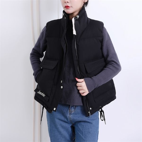 

stand collar winter womens short style vest solid cotton padded thick sleeveless jacket women big pockets casual outwear ladies, Black;white