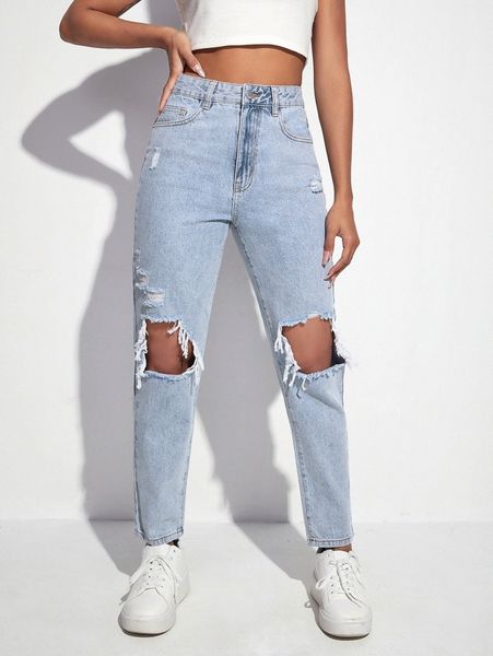 

zipper fly ripped tapered jeans 516w#, Blue