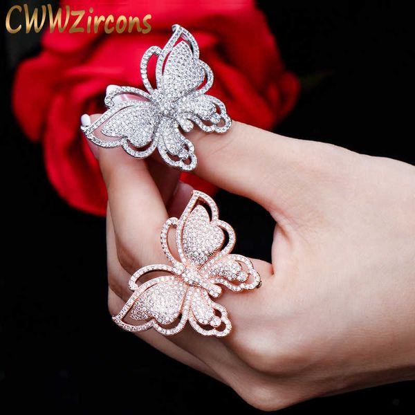 

luxury brand micro pave cubic zirconia lovely butterfly shape big rose gold color wedding ring jewelry for women r042 210714, Slivery;golden