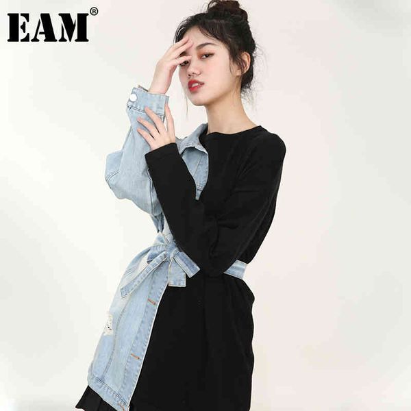 

[eam] loose fit denim split bandage sweatshirt round neck long sleeve women big size fashion spring autumn 1h83901 210512, Black
