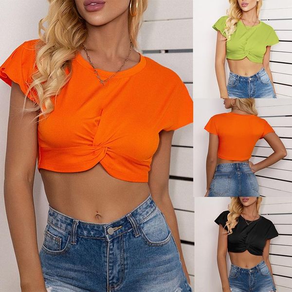 

women's t-shirt round neck flying sleeve slim cropped bow, White