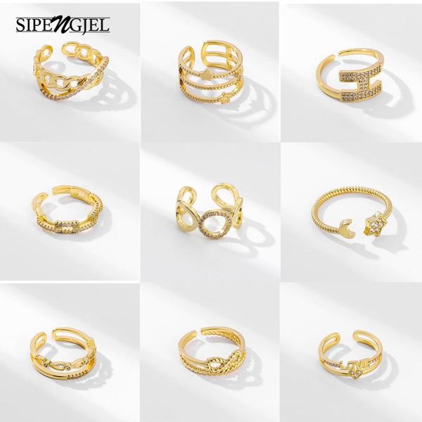

cluster rings trendy cubic zirconia vintage link chain shape geometric punk hip hop adjustable open ring for women fashion jewelry, Golden;silver