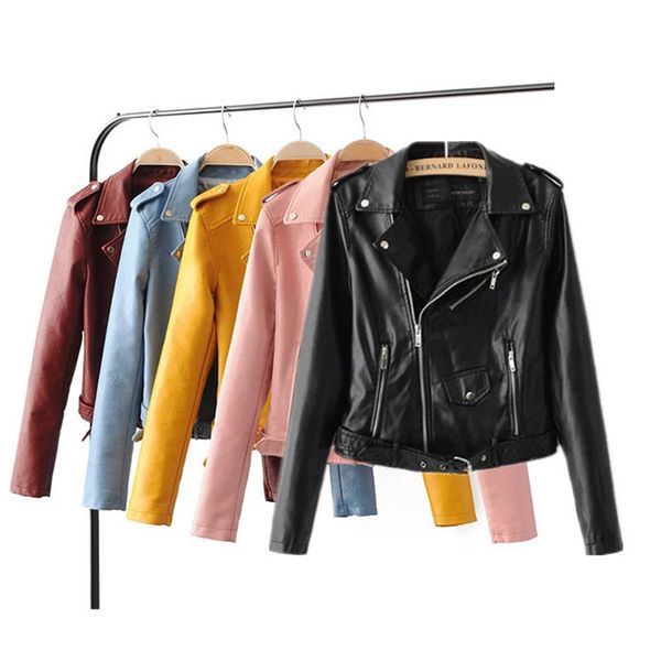 

autumn new leather jacket women short soft faux fashion zipper motorcycle pu leather jacket belt ladies basic street coat saco 210422, Black;brown