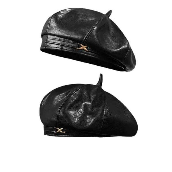 

metal buckle leather beret children's spring and autumn english octagonal hat pumpkin stall mouth pu leather painter's, Blue;gray