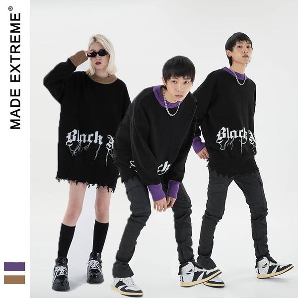 

men's sweaters madeextreme colour block letter sweater me korean fashion men damaged vintage knit mens oversized gm07, White;black