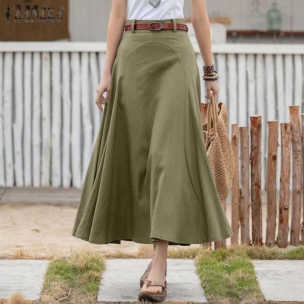

skirts zanzea patchwork skirt women 2021 summer a-line midi casual solid loose bottoms ladies zipper high waist, Black