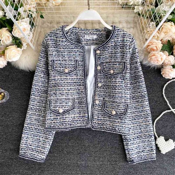 

korean vintage tweed jacket coat women autumn plaid slim woolen jackets streetwear outwear all-match short 210514, Black;brown