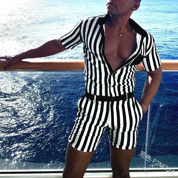 

wepbel plus size jumpsuits summer casual overalls fashion vertical striped jumpsuit men short-sleeved shirt slim shorts men's tracksuit, Gray