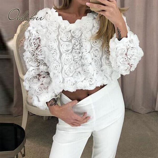 

summer women white long sleeve floral blouse shirt 210415