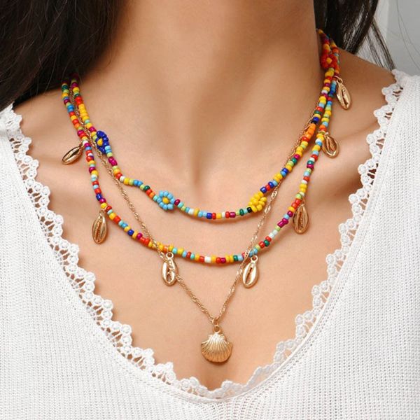 

new bohemia jewelry multi-layer rainbow rice beads necklaces special metal shells pendant choker, Silver
