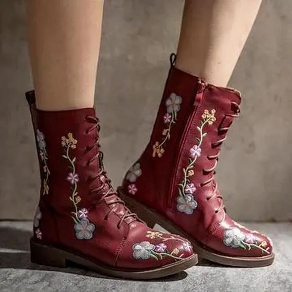 

boots women retro flowers embroidered zipper block heel mid calf, Black