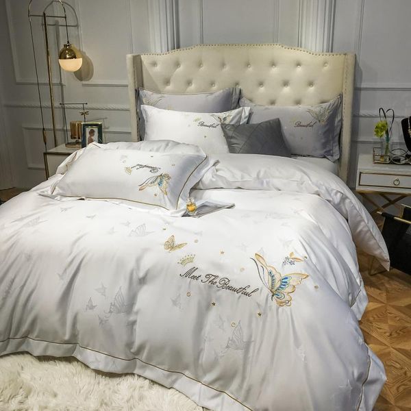 

bedding sets luxury white silk cotton butterfly embroidery set jacquard double duvet cover bed sheet pillowcases home textiles