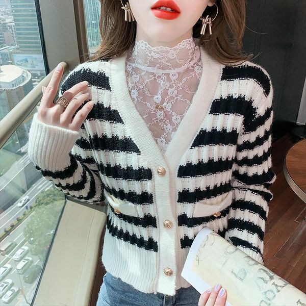 

women's jackets v-neck small fragrant striped long sleeved cardigan single-breasted outerwear korean office lady casual women, Black;brown