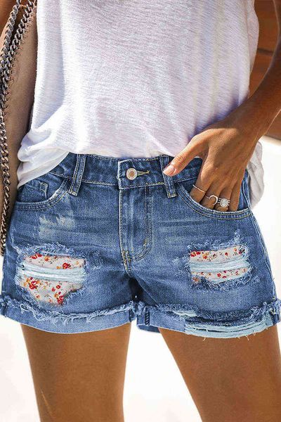 

street new summer trendsetter women's denim patch hole shorts, Blue