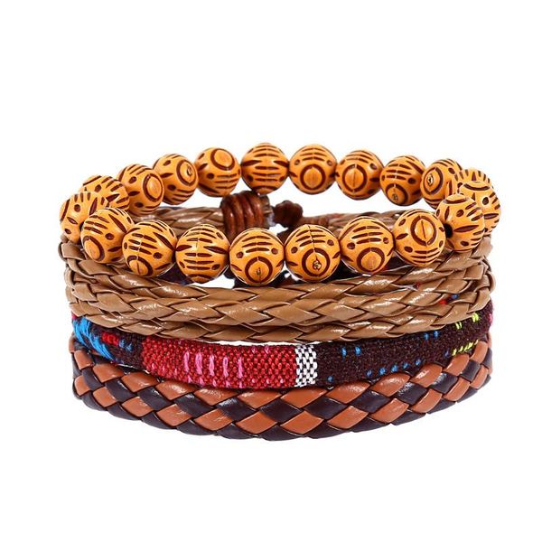 

charm bracelets 4pcs/set hippie punk orange brown leather knots layers tibetan buddha pattern beads stackable wrap wide bracelet bangle for, Golden;silver