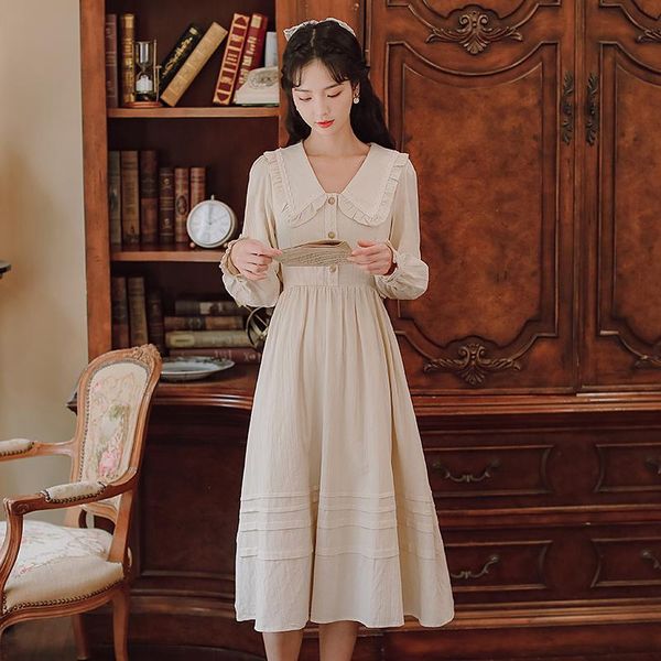 

casual dresses 2021 autumn style sweet, lovely, gentle, elegant, slim, waist closing temperament, thin, retro heavy industry cotton linen d, Black;gray