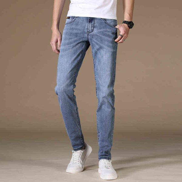 

2021 summer thin slim fit leggings simple fashion light jeans men's, Blue