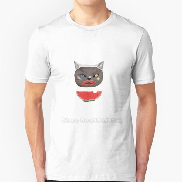

men's t-shirts cat and watermelon t shirt round collar short sleeve face strange eye kitten melon, White;black