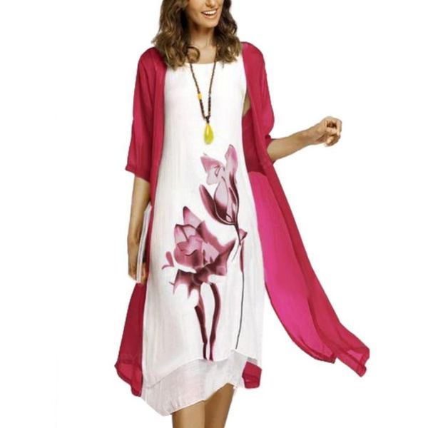 

casual dresses 2pcs/set women sleeveless o-neck vintage flower ink painting dress lady solid color cardigan loose daily, Black;gray