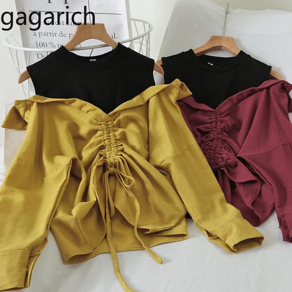 

women's blouses & shirts gagarich women casual blouse korean fake two pieces patchwork drawstring pleated lady off shoulder femme, White