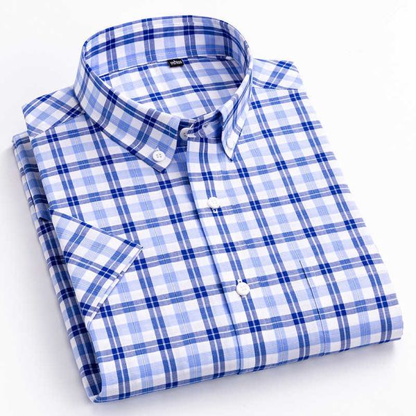 

summer men's short sleeve shirt brand plaid 100% cotton casual soft breathable checkered youthful camisa social male blouses 210609, White;black