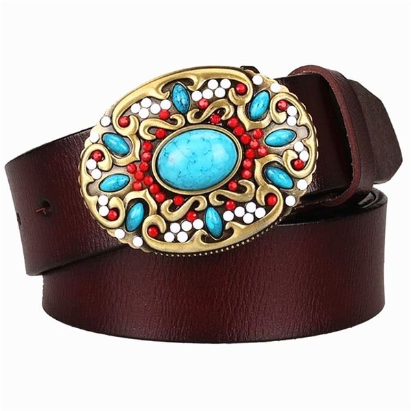 

designer belts 2023 fashion women's genuine leather mosaic gem turquoise s metal buckle arabesque pattern retro woman decorative belt g, Silver