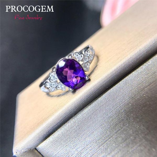 

cluster rings procogem natural amethyst for women anniversary gifts 6x8mm 1.25ct genuine gemstone fine jewelry 925 sterling silver #652, Golden;silver