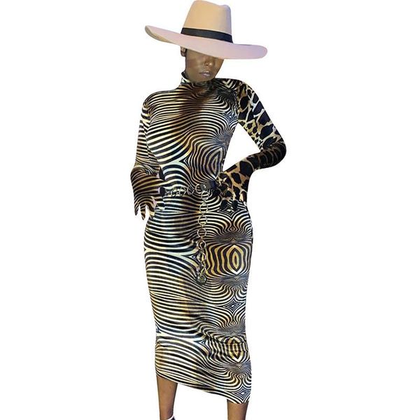 

casual dresses leopard zebra print turtleneck long sleeve bodycon midi dress women slim sheath stretch streetwear club night party, Black;gray