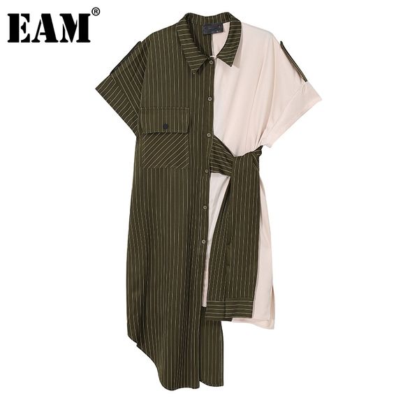 [EAM] Kadınlar Yeşil Çizgili Düzensiz Büyük Boy Elbise Yaka Shortsleeve Gevşek Fit Moda İlkbahar Yaz 1dD6109 210512